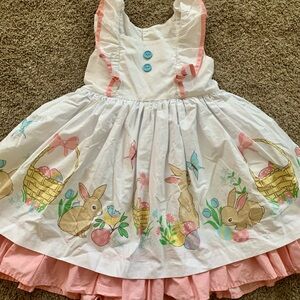 Eleanor Rose Girls Easter Dress with Bunny Egg Basket Pink Accents Sleeveless